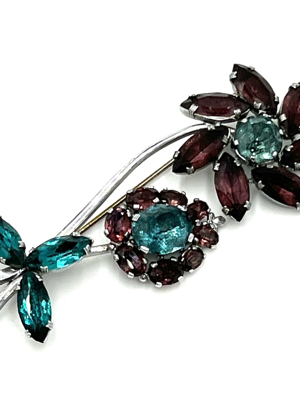 Czech Silvertone Amethyst/Teal Rhinestone Flower Stem Brooch